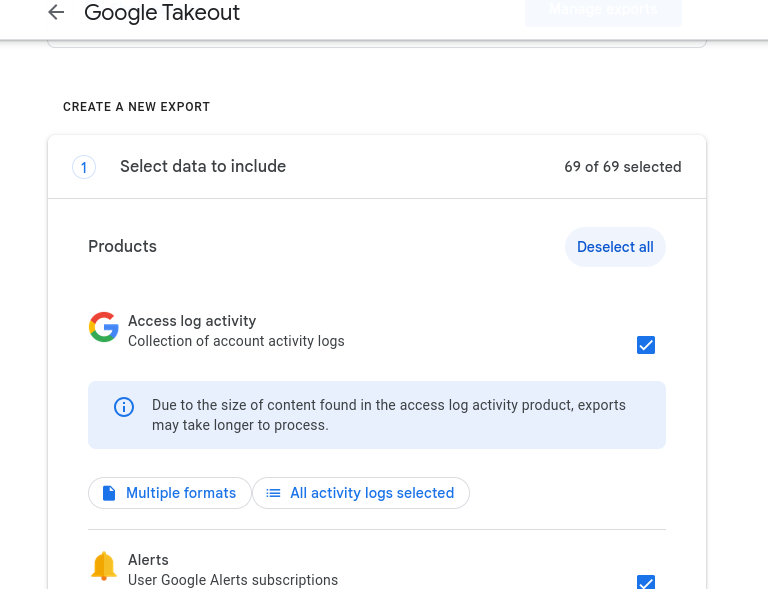 A picture showing the google takeout page options