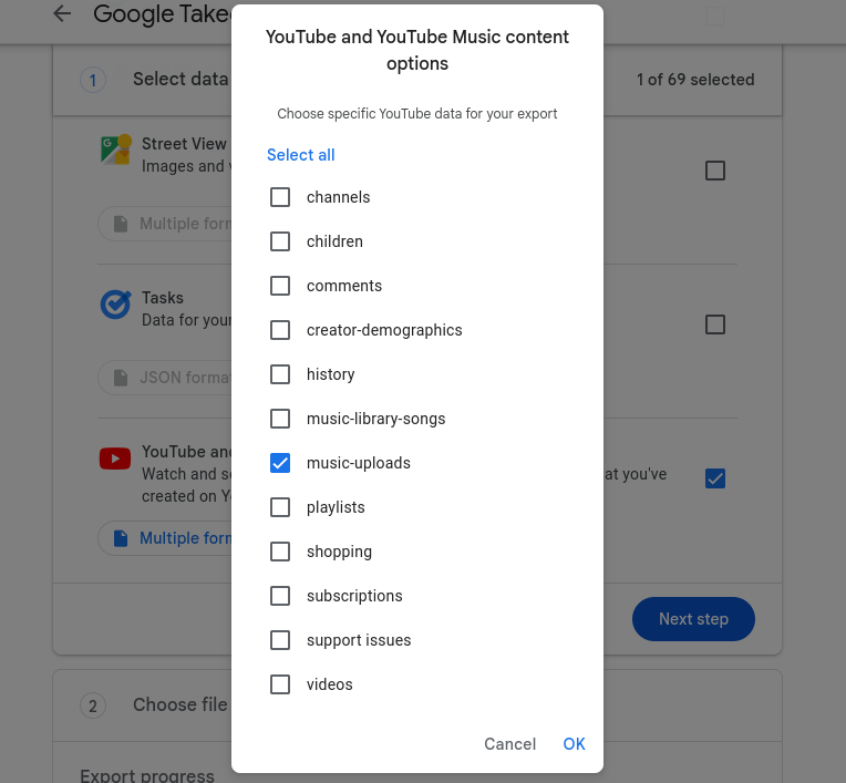 A picture showing the google takeout page options