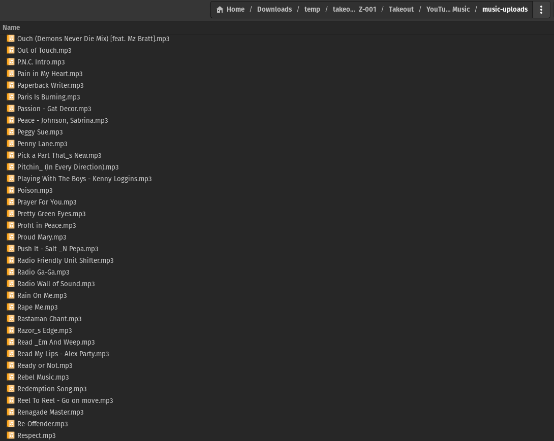 A picture showing the folder structure when extracting the music from the google takeout zip file