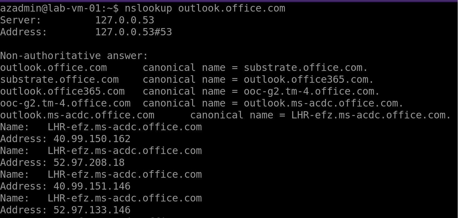 A picture that shows the IP addresses that outlook.office.com resolves to from our virtual machine in Azure