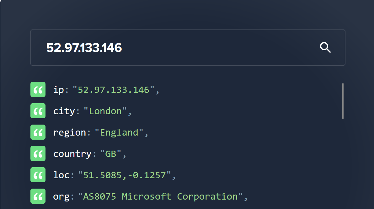 A picture that shows IP address 52.97.133.146 is part of As8075 and is owned by Microsoft