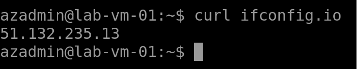 A picture of the IP address the machine is using to connect to to the internet, using default VM outbound access