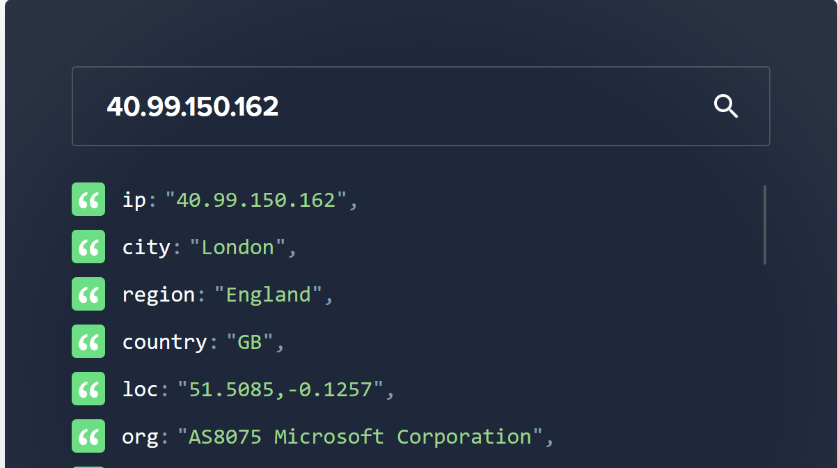 A picture that shows IP address 40.99.150.162 is part of As8075 and is owned by Microsoft