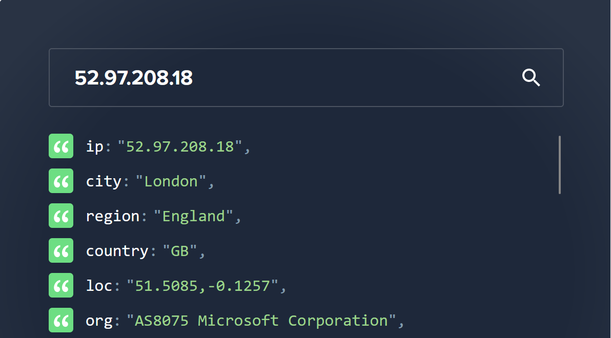 A picture that shows IP address 52.97.208.18 is part of As8075 and is owned by Microsoft