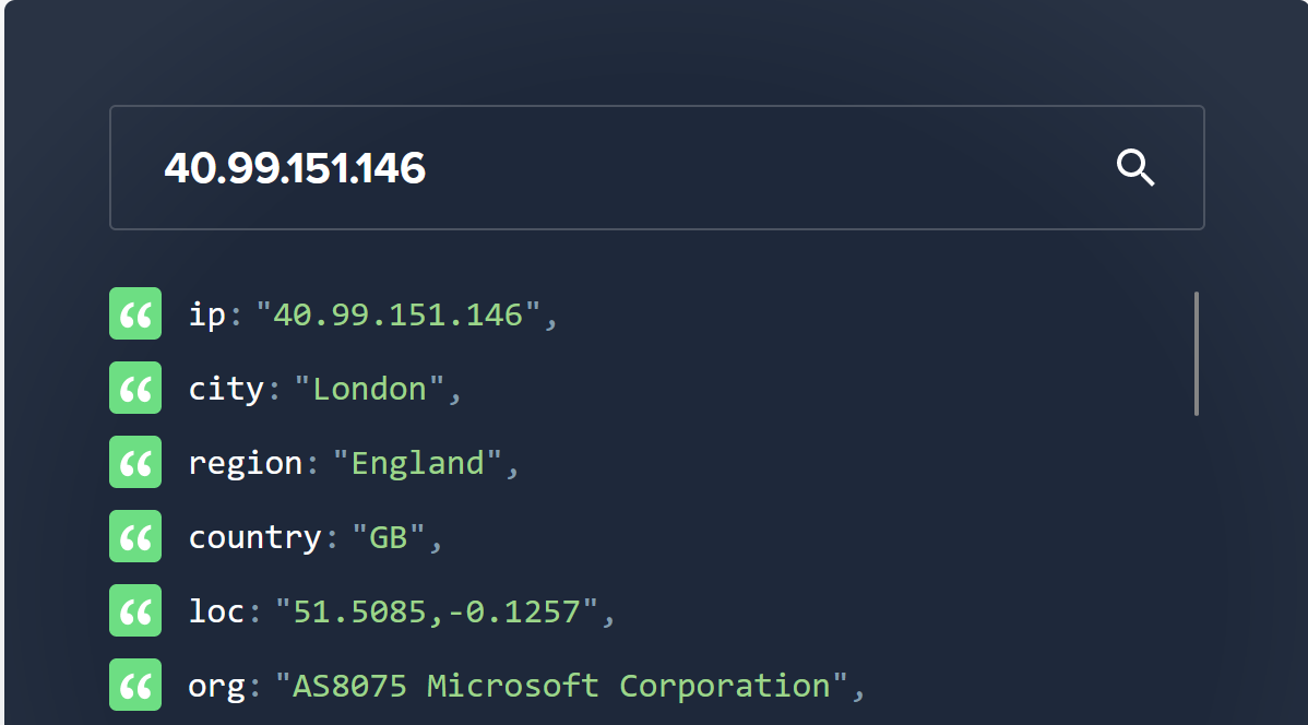 A picture that shows IP address 40.99.151.146 is part of As8075 and is owned by Microsoft